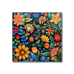 May include: A colorful floral pattern on a black background. The flowers are in shades of red, orange, yellow, green, blue, and purple. The pattern is intricate and detailed, with many different types of flowers and leaves.