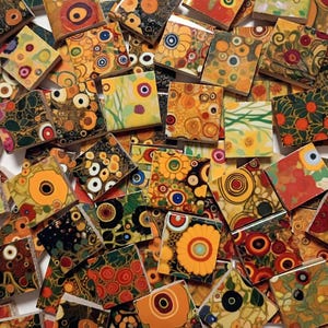 May include: A collection of square ceramic tiles featuring a variety of intricate, colorful patterns including floral motifs, concentric circles, and abstract organic shapes in shades of yellow, orange, red, green, and black with glossy finishes.