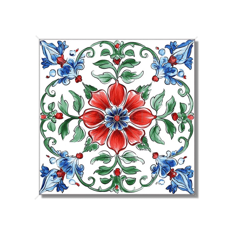 Blue Red Green Floral Ceramic Tile - Vintage Floral Design Tile Ceramic ...