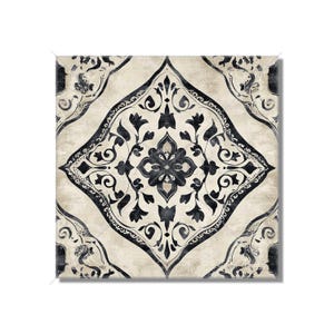 May include: Black and white tile with a vintage, distressed look. The tile features a symmetrical, intricate floral pattern with a diamond shape in the center.