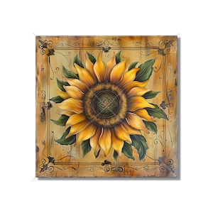 May include: A large, yellow sunflower with a dark brown center is painted on a square canvas. The sunflower is surrounded by a decorative, ornate frame in brown and gold.