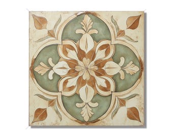 May include: Square decorative tile with a floral design. The tile features a central flower motif in shades of brown and cream, surrounded by green and cream circular patterns. The corners have brown leaf accents, all set against a cream background.