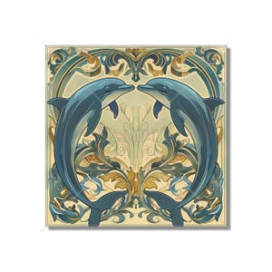 May include: Two blue dolphins facing each other in a symmetrical design with intricate gold and green floral patterns on a cream background.