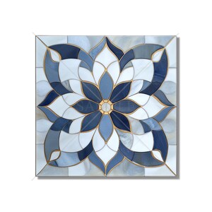 May include: Square stained glass panel featuring a floral design in shades of blue, white, and gray, with gold-colored accents. The design is symmetrical, with a central golden circle. The panel is set against a white background.