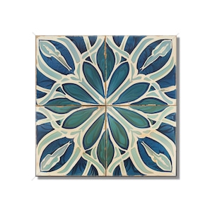 May include: Four blue and white ceramic tiles with a floral pattern. The tiles are arranged in a square shape, with each tile featuring a different section of the pattern.