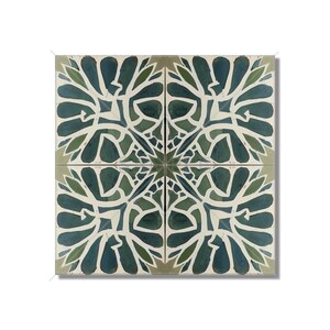 May include: A square tile with a repeating pattern of green and blue stylized leaves on a white background.