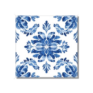 May include: A blue and white watercolor pattern with a repeating floral design. The pattern is symmetrical and features intricate details.