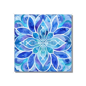 May include: A blue and purple watercolor mandala with white outlines. The mandala has a floral design with intricate details.