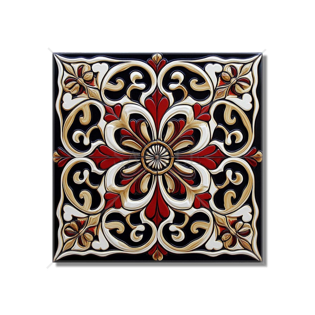 Red and Black Ceramic Tile - Vintage French Design Tile - Red Kitchen ...