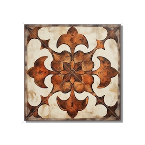 May include: A square canvas wall art featuring a brown and white geometric design. The design is a stylized floral pattern with a central flower and four surrounding petals.