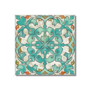 May include: A square tile with a teal blue and white floral pattern. The tile has a distressed, vintage look and features a central motif of a stylized flower with intricate details. The background is a light beige with hints of orange and green.
