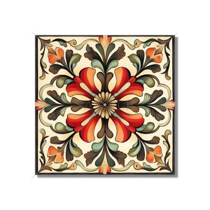 May include: A square tile with a floral design. The tile has a cream background with a red, orange, and green floral pattern. The center of the tile features a large red flower with a yellow center.