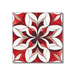 May include: A red and white geometric tile with a floral design. The tile has a black outline and is made of ceramic.