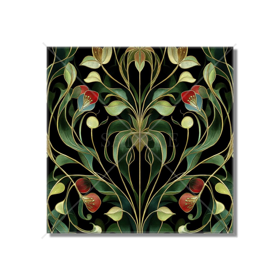 Red and Green Floral Ceramic Tile - Vintage French Floral Vines Design ...