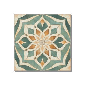May include: A square tile with a geometric pattern in shades of green, brown, and white. The pattern is a stylized flower with multiple layers of petals.