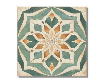 May include: A square tile with a geometric pattern in shades of green, brown, and white. The pattern is a stylized flower with multiple layers of petals.