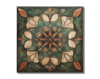 May include: A square wall art piece with a green, brown, and white geometric design. The design is a mandala with a central flower shape and intricate patterns.