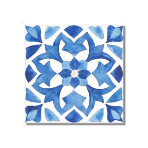 May include: A blue and white watercolor tile with a geometric pattern. The tile has a central flower shape with four petals and four smaller petals around it.