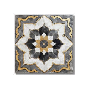 May include: A square wall art piece featuring a symmetrical floral mandala design. The artwork displays layers of petals in shades of black, white, and gray, accented with metallic gold outlines and a central gold circle on a textured background.