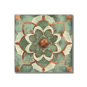 May include: A square tile with a green and white floral design. The design features a central copper-colored circle surrounded by a white and green floral pattern. The tile has a distressed, vintage look.