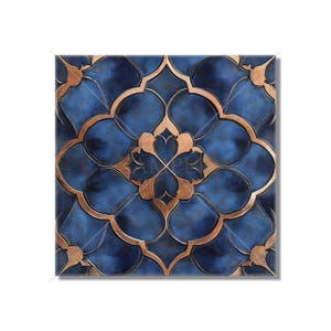 May include: A square tile with a blue background and a copper-colored geometric pattern. The pattern is made up of overlapping quatrefoils and has a distressed look.