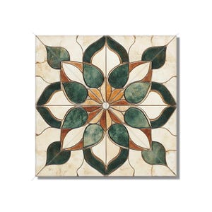 May include: Square tile with a floral design. The tile features a central starburst pattern in shades of orange and brown, surrounded by green and white petal-shaped elements. The background is a beige color with subtle texture.