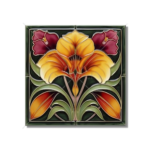 Green Orange Wine Red Floral Ceramic Tile - Vintage Art Nouveau Design Kitchen Backsplash Tile Bathroom Wall Tile Fireplace Ceramic Tile