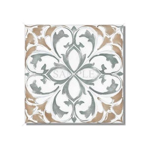 May include: A square tile with a white background and a gray floral design. The design is symmetrical and features four large, stylized leaves that meet in the center. The tile has a brown border.
