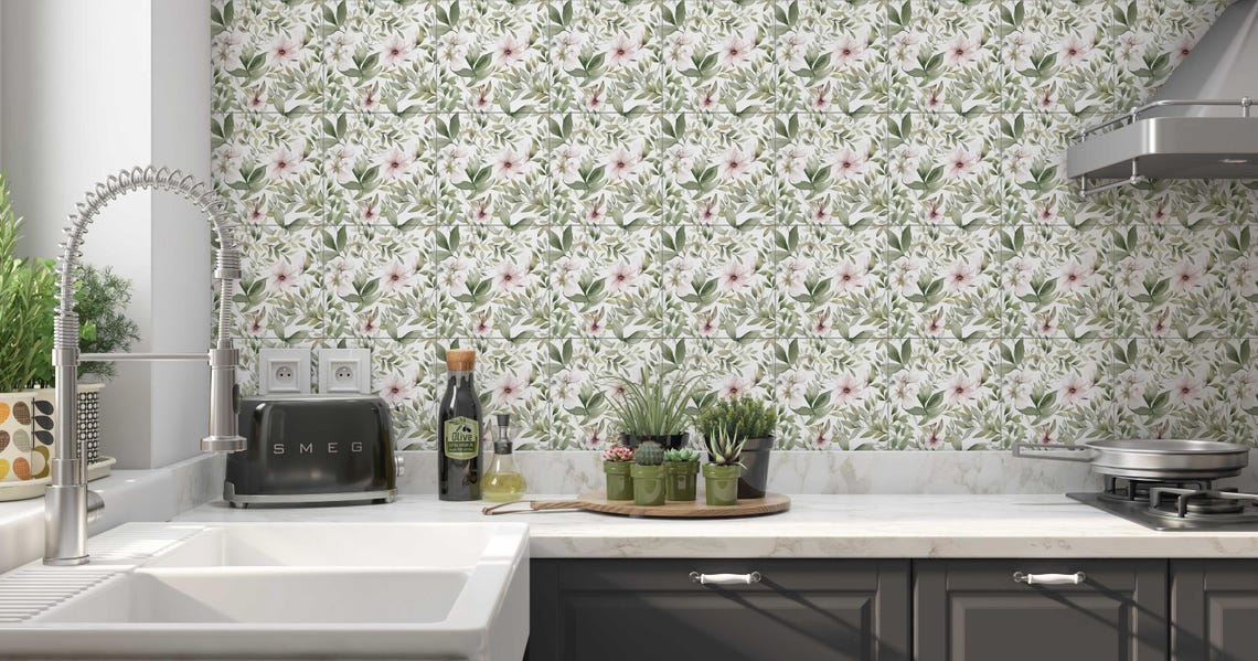 Botanical Floral Ceramic Tile - Botanical Kitchen Backsplash Tile ...