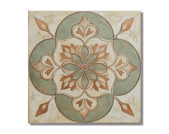 May include: Square decorative tile with a floral design. The tile features a central flower with a sage green center and petals in shades of brown and cream. The design is framed by four sage green circles and cream-colored background.