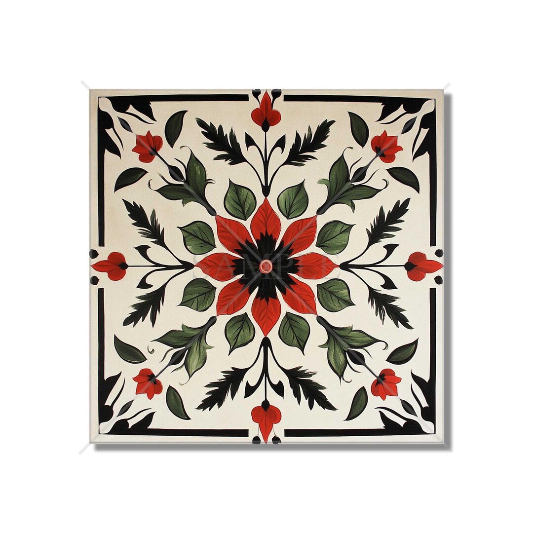 Red and Green Ceramic Tile - Vintage French Floral Design Tile ...
