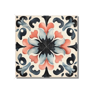 May include: A square tile with a repeating pattern of stylized flowers in shades of blue, pink, and white on a cream background.