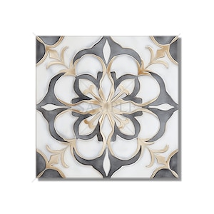 May include: Square decorative tile with a floral pattern. The design features a central gold-colored flower surrounded by gray and gold-colored stylized leaves and petals, set against a white background.