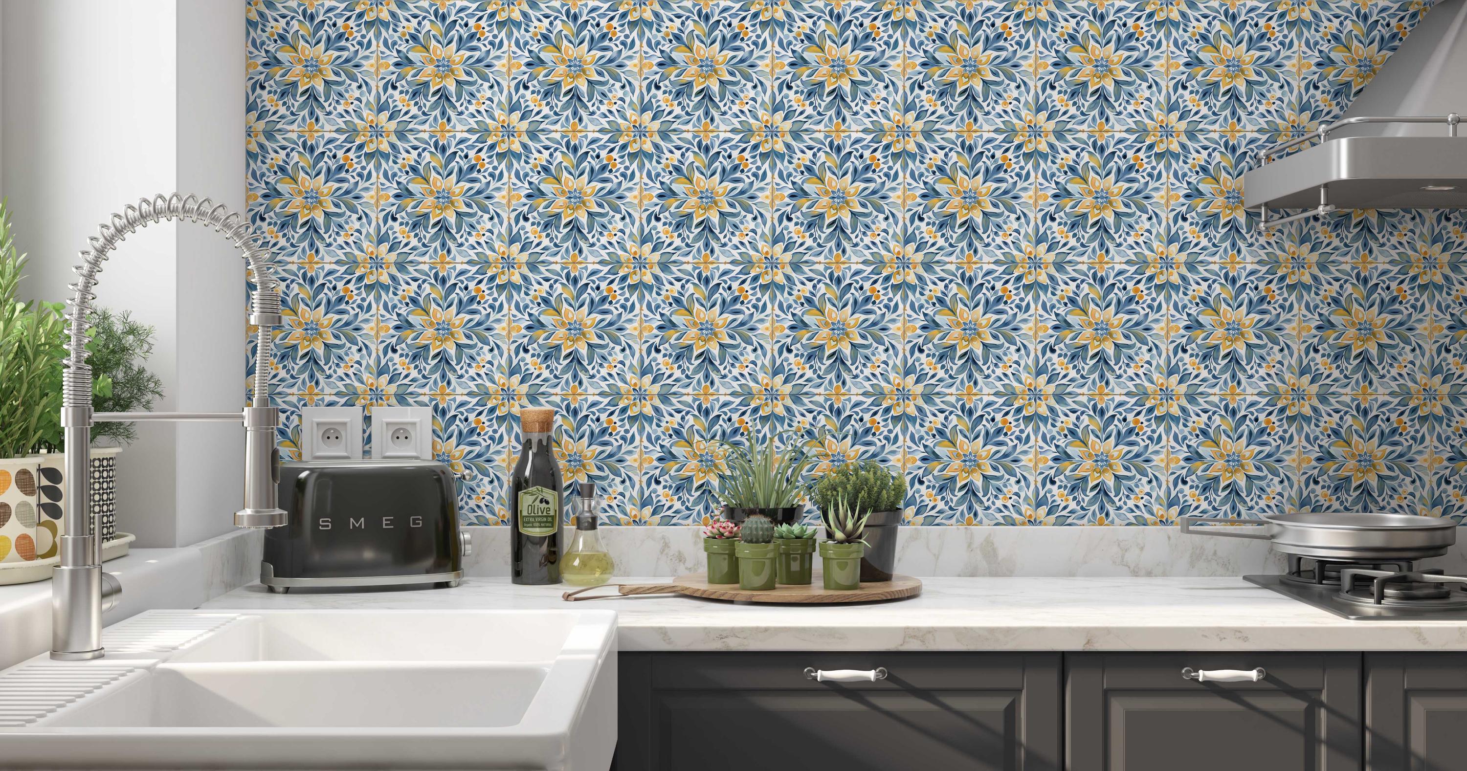 Blue and Yellow Patterned Ceramic Tile Kitchen Backsplash Tile Floral ...