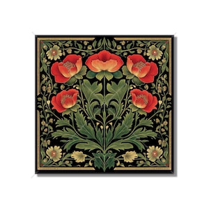 Red And Green Floral Ceramic Tile - Vintage Poppy Flowers Design Tile - Kitchen Backsplash Tile Bathroom Wall Tile Fireplace Ceramic Tile