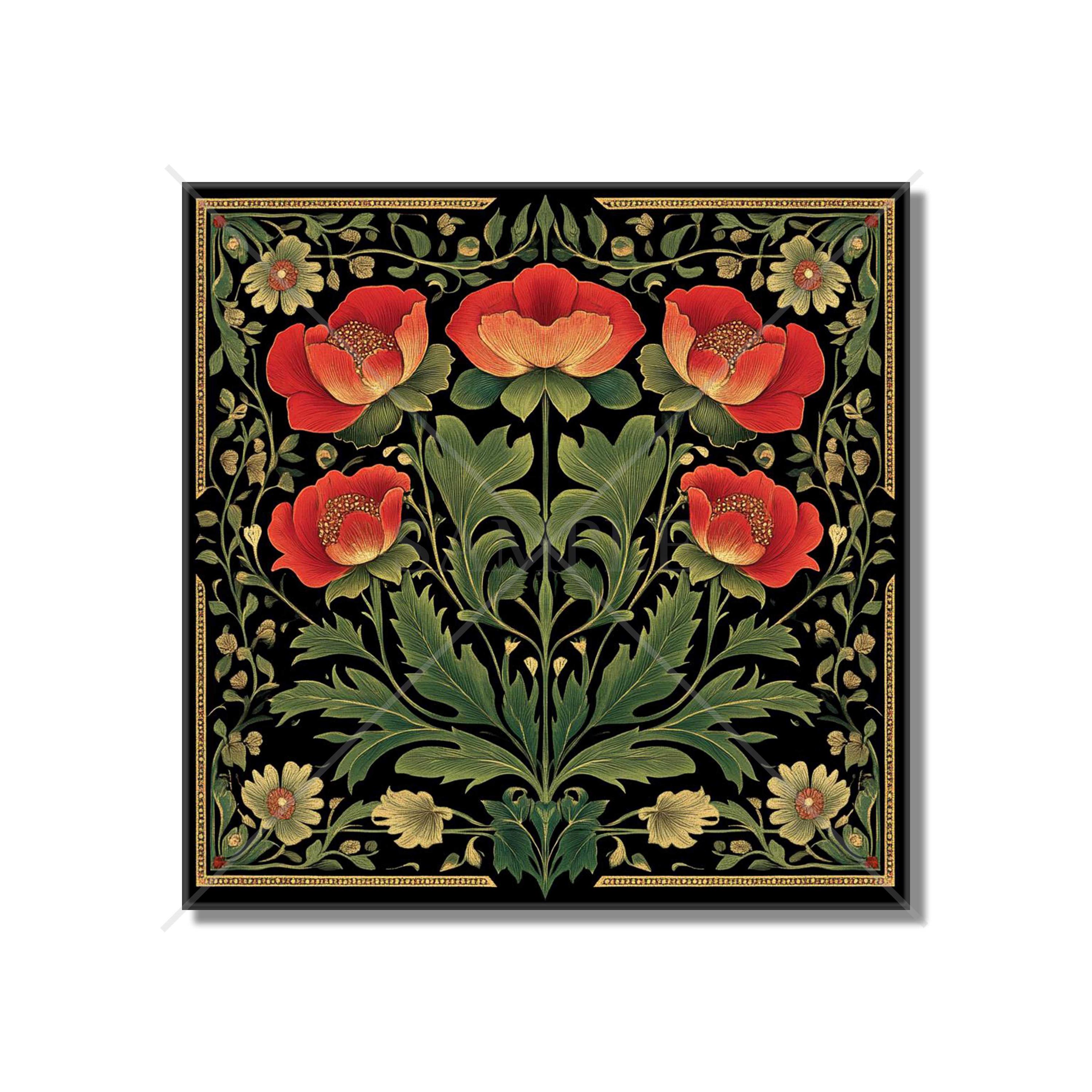 Red and Green Floral Ceramic Tile - Vintage Poppy Flowers Design
