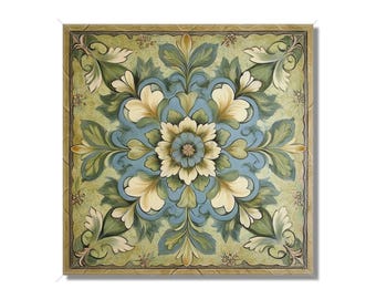 Op de afbeelding: Een vierkant schilderij met een blauw, groen en wit bloemenmotief. Het ontwerp is symmetrisch en heeft een centrale bloem met ingewikkelde details.