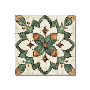 May include: A square tile with a green, brown, and white geometric pattern. The pattern is a stylized flower with a central circle and radiating petals.