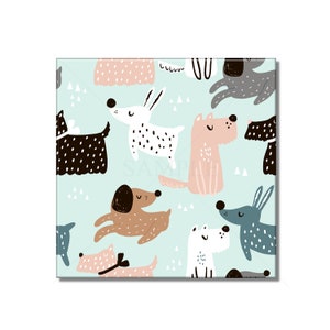 May include: A light blue background with a repeating pattern of various cartoon dogs in different colors and poses. The dogs are all wearing collars and have different facial expressions.