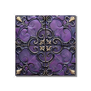 May include: A square tile with a purple background and a gold-colored intricate design. The design features a repeating pattern of swirls and leaves.
