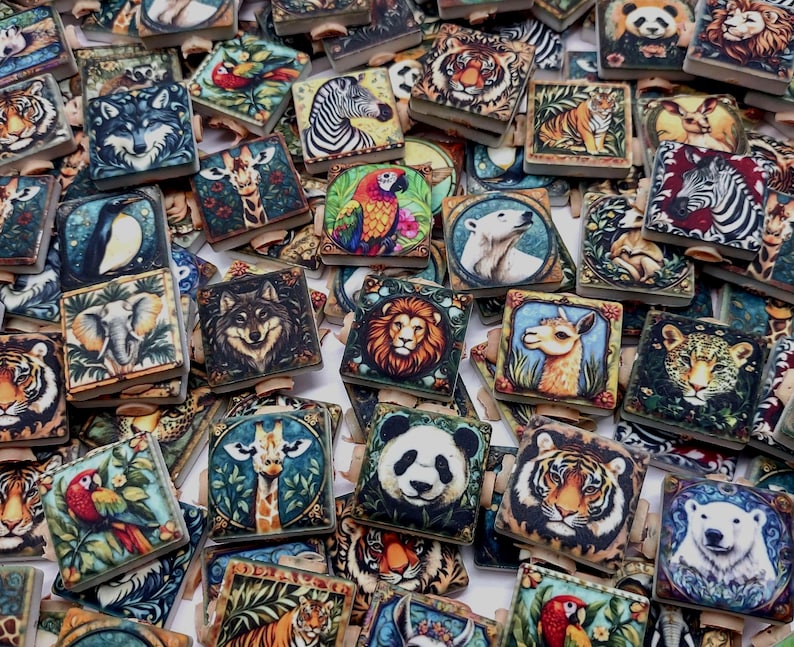 May include: A collection of square wooden tiles featuring colorful illustrations of various animals including tigers, pandas, lions, wolves, zebras, giraffes, parrots, and polar bears, arranged in a dense, overlapping pile with visible wooden edges.