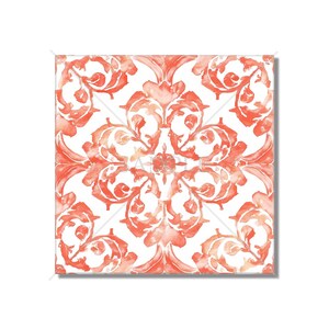 May include: A square tile with a repeating pattern of coral-colored floral designs on a white background. The design is intricate and detailed, with a watercolor effect.