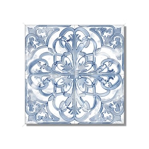 May include: Four square ceramic tiles with a repeating blue and white floral pattern. The design features stylized leaves and swirling lines, creating a symmetrical, ornate design. The tiles have a slightly distressed appearance, adding to their vintage charm.