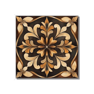 May include: A square tile with a brown background and a gold and cream floral design. The design is symmetrical and features intricate details.