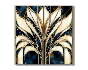 May include: Abstract art print featuring a stylised floral design with gold and white accents on a dark blue background.