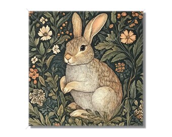 May include: A brown rabbit sits in a field of green and orange flowers. The rabbit has long ears and a white chest. The background is a dark green.