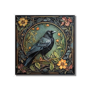 May include: A black crow perched on a branch in a circular frame surrounded by stylized floral designs in shades of green, yellow, and orange.