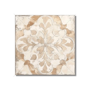May include: A square tile with a beige and white floral pattern. The tile has a distressed, vintage look.