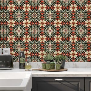 Cream Red Green Floral Ceramic Tile - Patterned Floral Design Tile ...