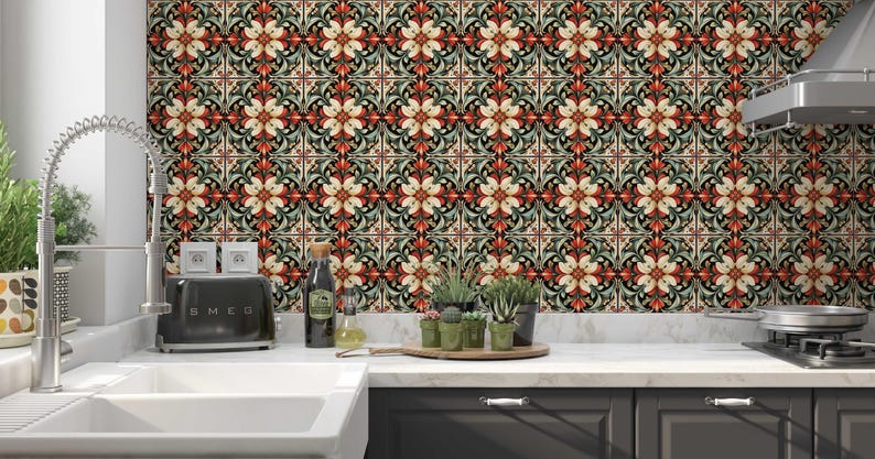 Cream Red Green Floral Ceramic Tile - Patterned Floral Design Tile ...